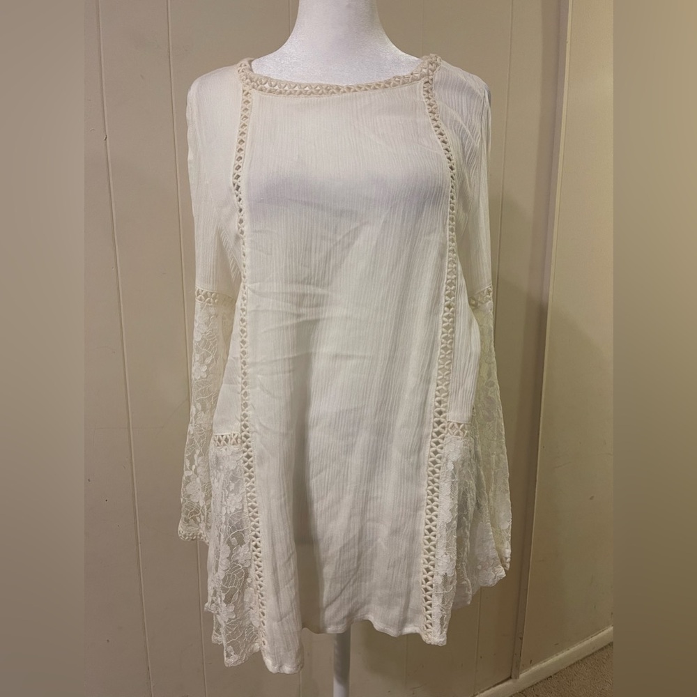 Umgee White Lace Boho Hippie Cold ShoulderTunic L NWT